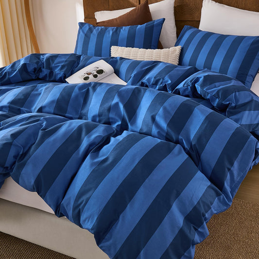 Merryword Blue Striped Comforter Set King Size, 100% Cotton Reversible Comforter Set 3 Pcs, Luxury Linen Like Bedding, Soft Breathable Lightweight Comforter for All Seasons