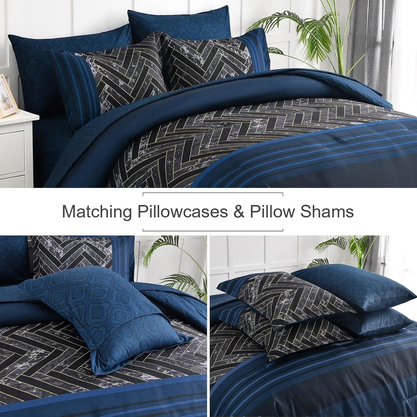 Luxudecor Navy Blue Comforter Set King Size, 7 Pieces Stripe Geometric Bed in a Bag, Soft Microfiber Navy Comforter and Sheet Set Complete Bedding Sets for All Seasons 104"×90"
