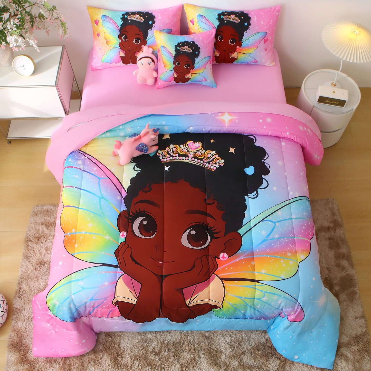 JQinHome Twin Comforter Set - 6 Pieces African Fairy Princess Bedding Set for Girls, Bed in a Bag with Rainbow Wing Comforter, Sheets, Pillowcases & Decorative Cushion Cover
