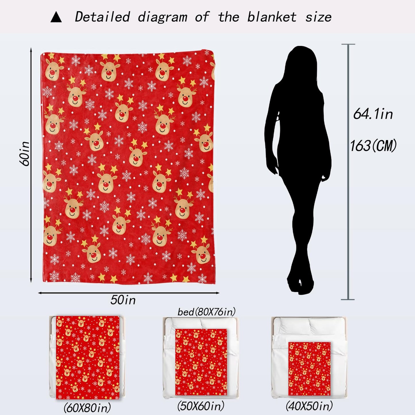 ainori Cute Reindeer Christmas Decorative Throw Blanket, Snowflake Print Decoration, Soft Flannel Winter Red Blankets for Couch Bed Sofa, Holiday Home Decor, Xmas Festival Gifts 50x60 Inch