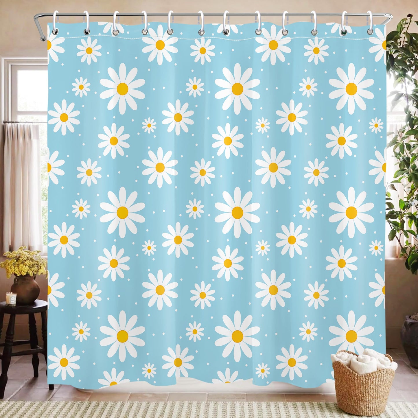 Mayormyth Shower Curtain Blue Floral Cute Daisy Bathroom Curtains for Girls Bathroom Decor Boho Retro Shower Curtain Set Polyester Waterproof Cloth Fabric with Hooks