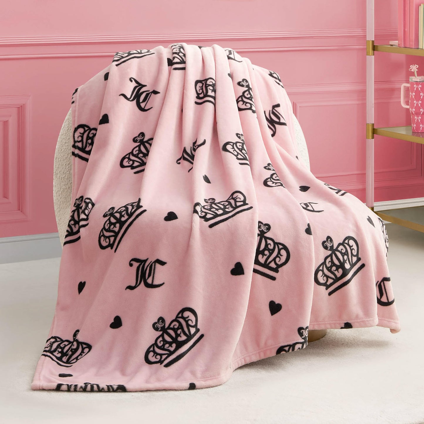 Juicy Couture Elegant Crown Diamond 50" x 70" Plush Throw Blanket, Pink - Decorative Blankets for Sofas, Throws for Chairs, and Beds