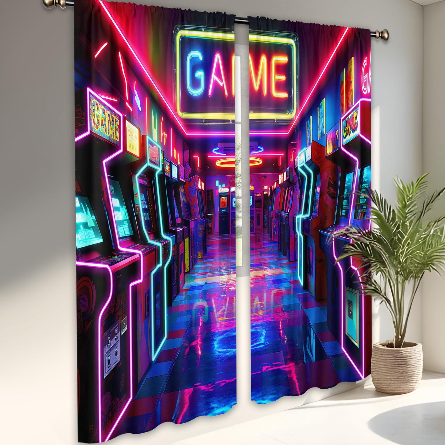 LIGHTINHOME Neon Arcade Game Curtains 52Wx84H Inch Extra Wide Gamer Gaming Cool 80s 90s Bedroom Decor for Boys Kids 2 Panels Rod Pocket Living Room Window Drapes Treatment Fabric
