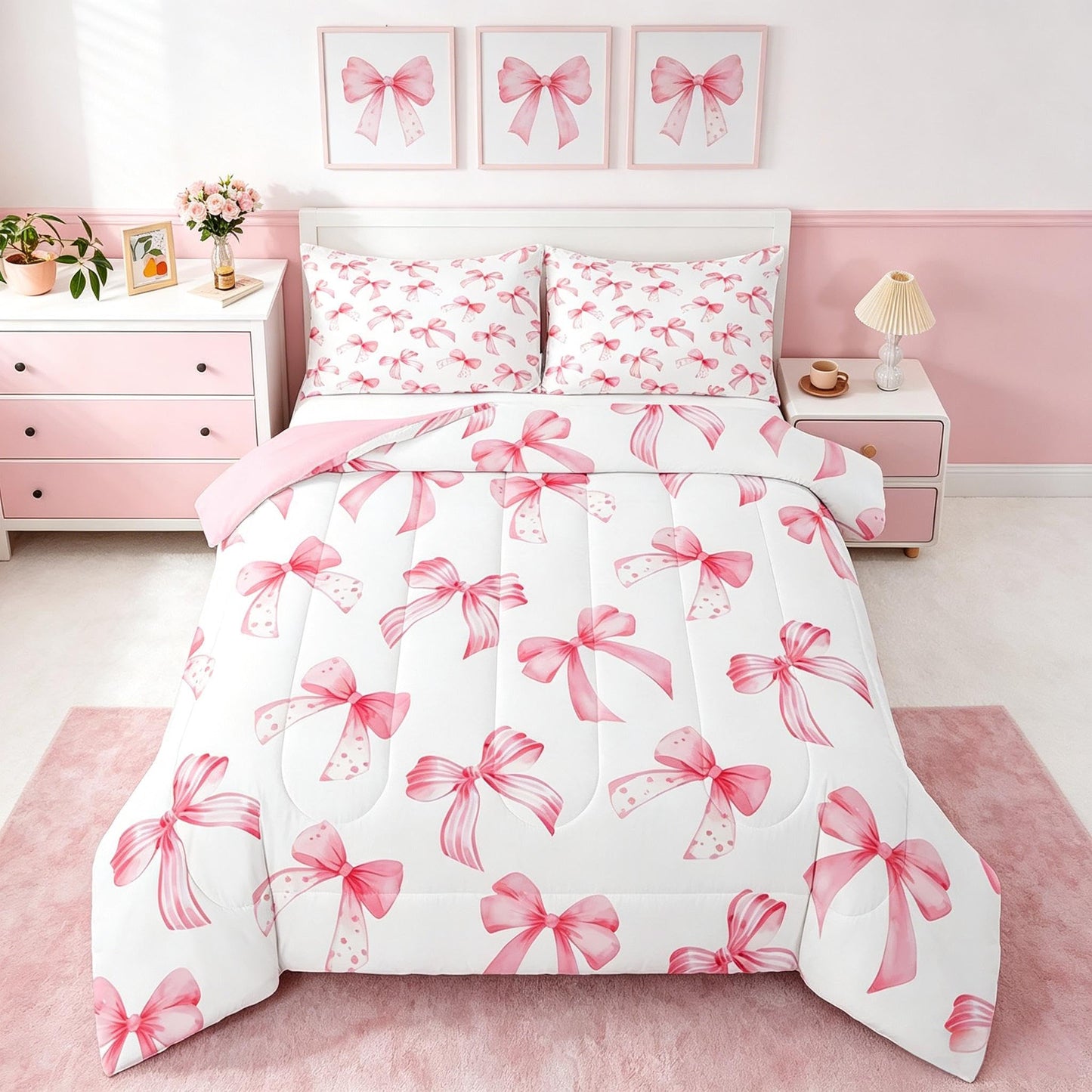 Feelyou Kawaii Pink Bow Bedding Set for Kids Boys Girls Twin Size Cute Dreamy Princess Style Comforter Set Ultra Soft Bow Pattern Comforter Cute Coquette Bow Knot Duvet Quilt Bedroom Decor Quilt