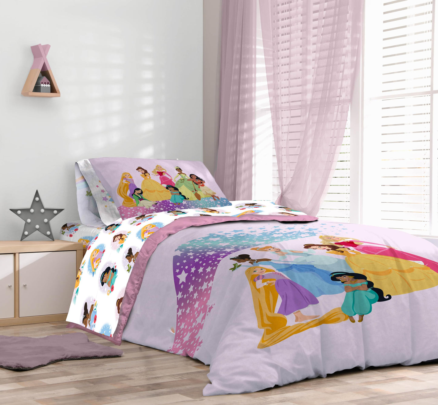 Disney Princess Twin Comforter Set - 5 Piece Kids Bedding Includes Comforter, Sheets & Pillow Cover - Super Soft Rainbow Stars Microfiber Bed Set