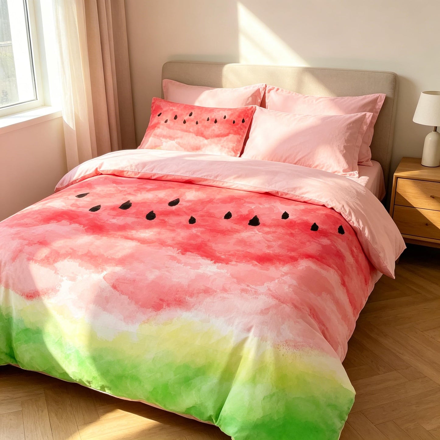CCoutueChen Watermelon Comforter Set Queen Size, Cute Fruit Themed Pink Bedding Set, Soft Reversible Pastel Summer Comforter with Light Pink Back for Teens Girls Bedroom Decor/90 x90
