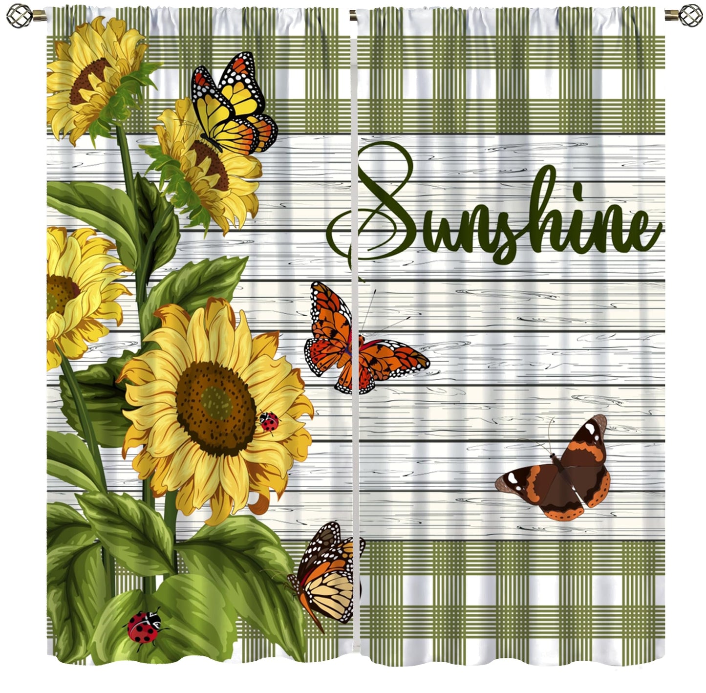 Spring Sunflower Curtains Rustic Plant Helianthus Yellow Flower Butterfly Pattern Rod Pocket Window Treatments for Girls Kids Bedroom Kitchen Living Room 2 Panel Set 41" x 45" (No Blackout)