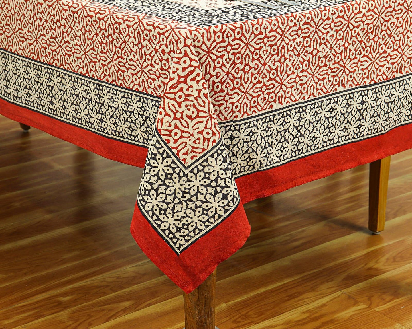 60x60 Inches Square Hand Block Printed Cotton Tablecloth, Red Black Floral Table Cloths Washable, Indian Table Linen for Outdoor Thanksgiving Gifts Home Decor Dinning Outdoor