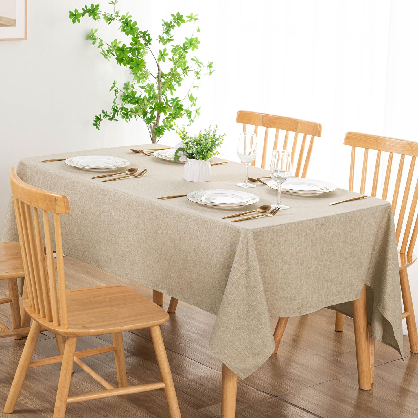 DWCN Faux Linen Tablecloth Rectangle - Beige Tablecloths Fabric Waterproof Spill-Proof Wrinkle and Stain Resistant Decorative Farmhouse Table Cover for Kitchen Dining Party, 60 x 120 Inch