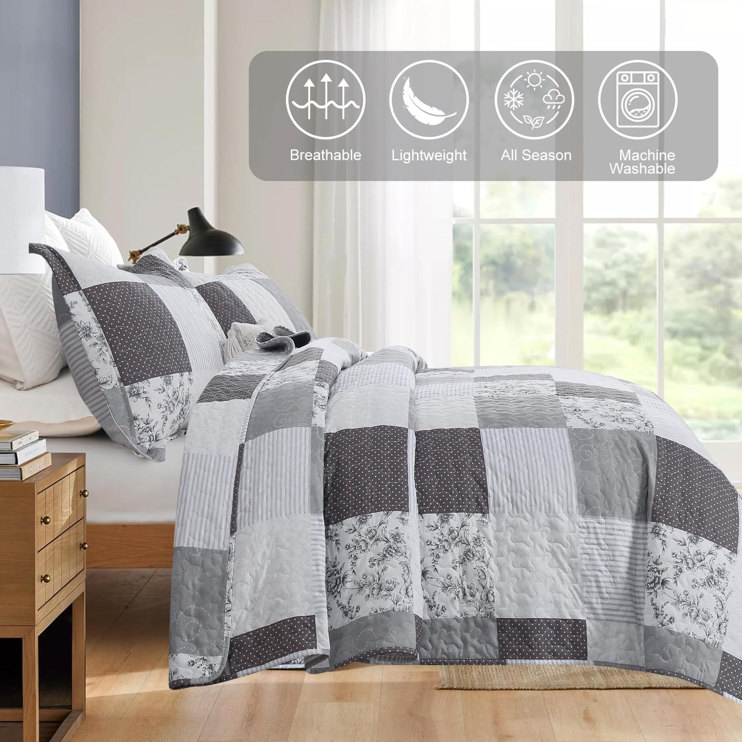 Morden Lightweight Queen Bedspread - Floral & Plaid Reversible Quilt Set - Grey & Black White Paisley & Floral Pattern