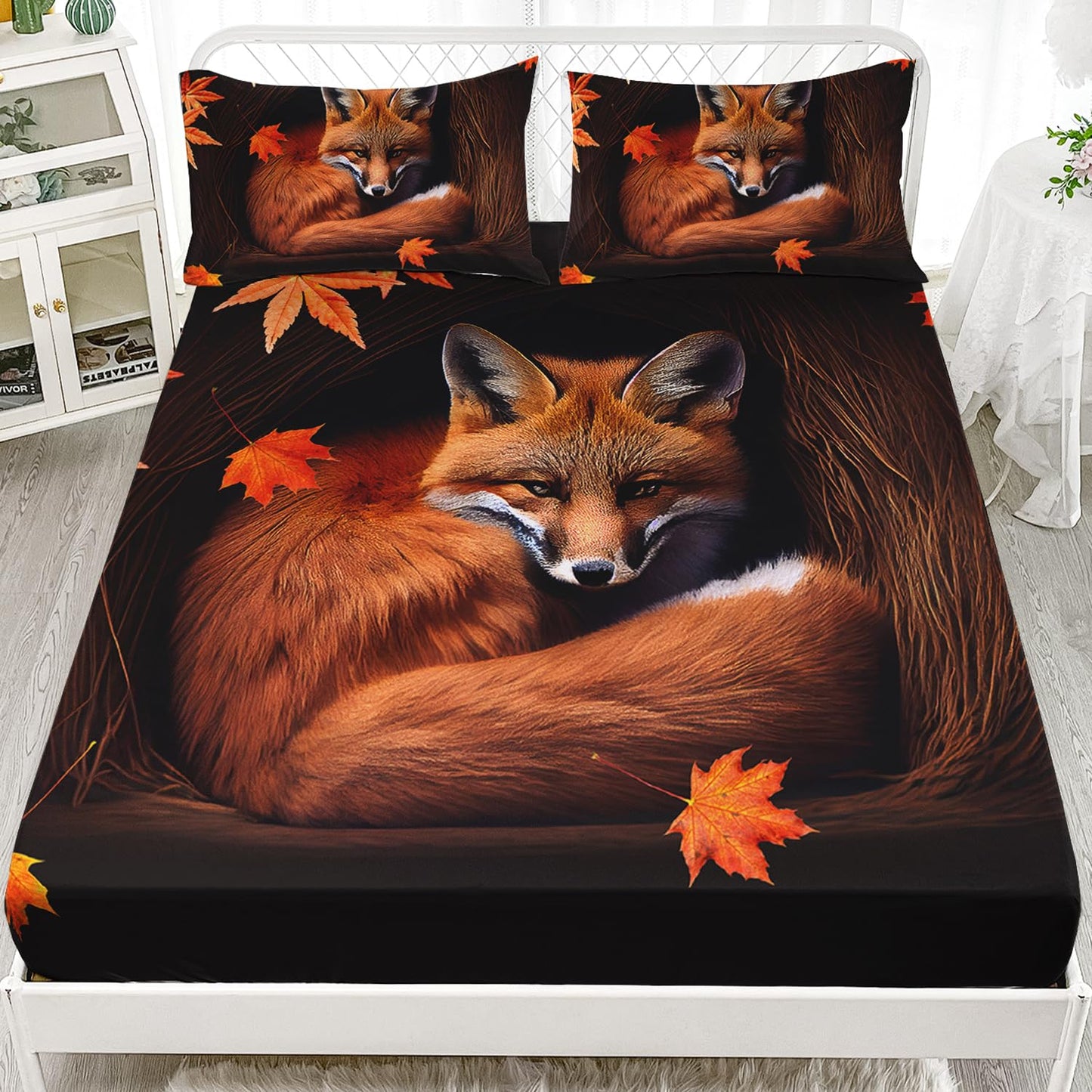 AILONEN Fox Fitted Sheet Set Twin XL Size, Autumn Maple Leaves Orange Animal Bed Sheet Set,Cartoon Fox Sheets Set for Kids Boys Girls,3 Pieces, 1 Fitted Sheet and 2 Pillowcases