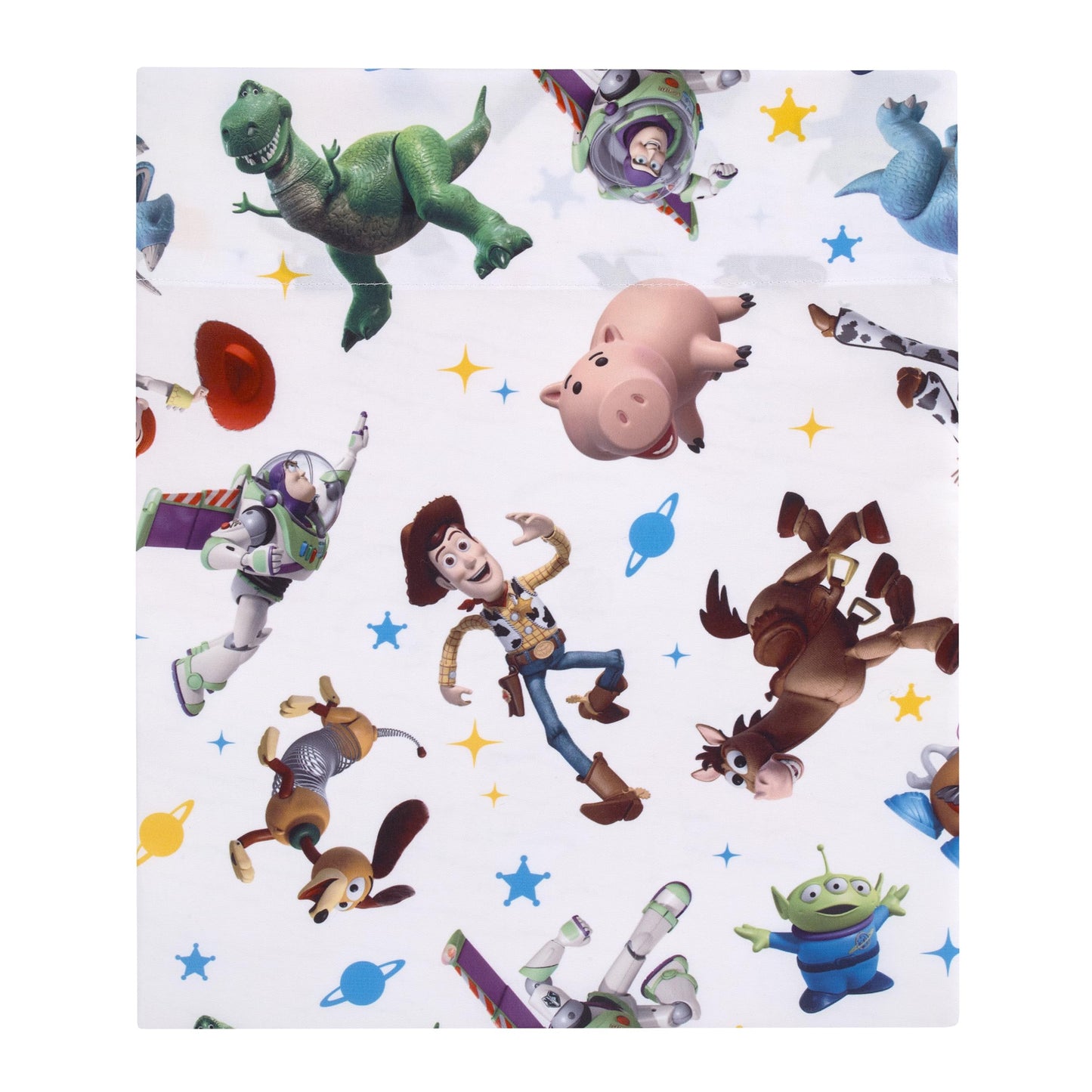 NoJo Disney Toy Story Taking Action Blue, Green and Yellow 4 Piece Toddler Bed Set - Comforter, Fitted Bottom Sheet, Flat Top Sheet, and Reversible Pillowcase