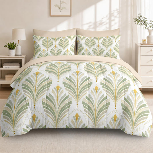 Boewywh Comforter Set Twin Size Leaf Geometric Gold 7 Pcs, Bedding for Kids and Adults, Vintage Sage Bed Sheet Sets with Fitted Sheet 2 Pillowcases & 2 Shams for Bedroom Bed Decor