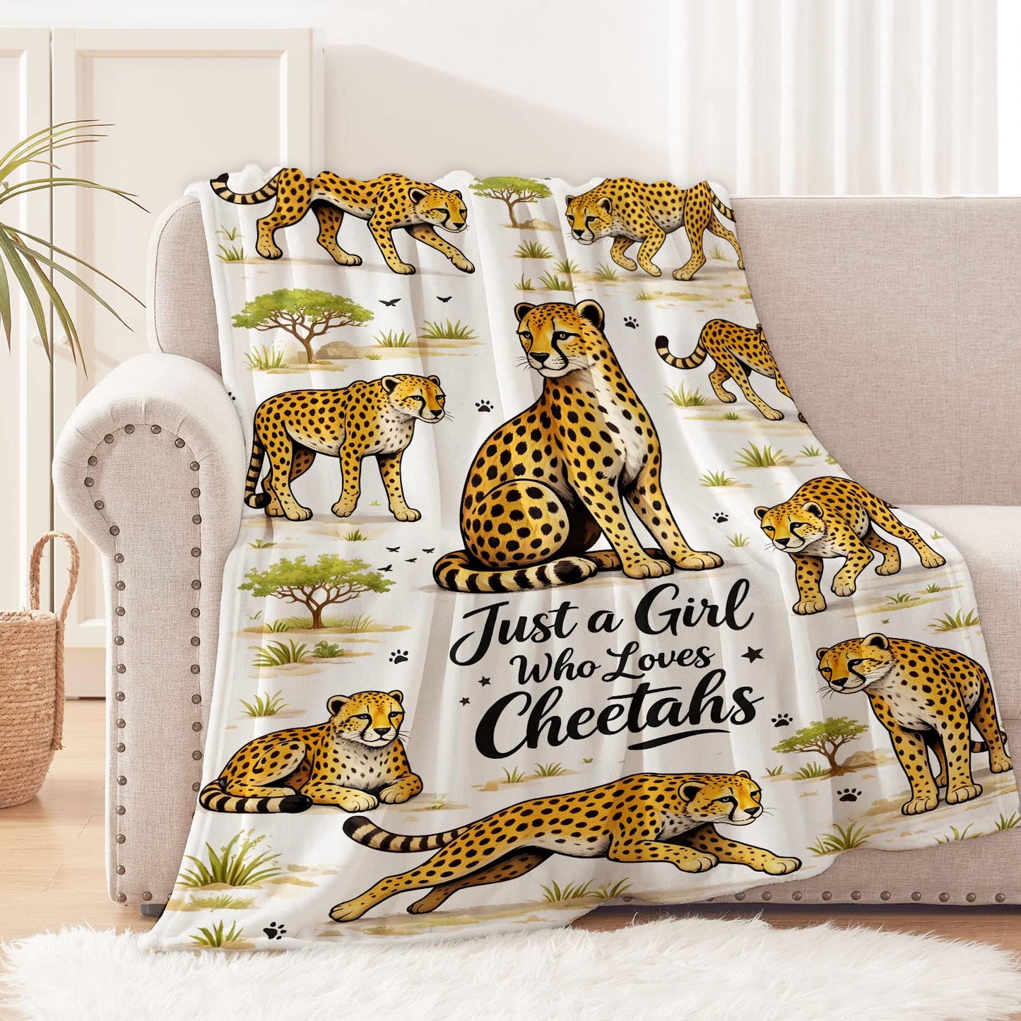 cromcu Cheetah Blanket for Women and Adults, Just a Girl Who Loves Cheetah Flannel Blankets, Safari Animal Gifts, Soft Warm Cozy Throws for Sofa Couch Bed Living Room Bedroom Home Decor 60" x 50"