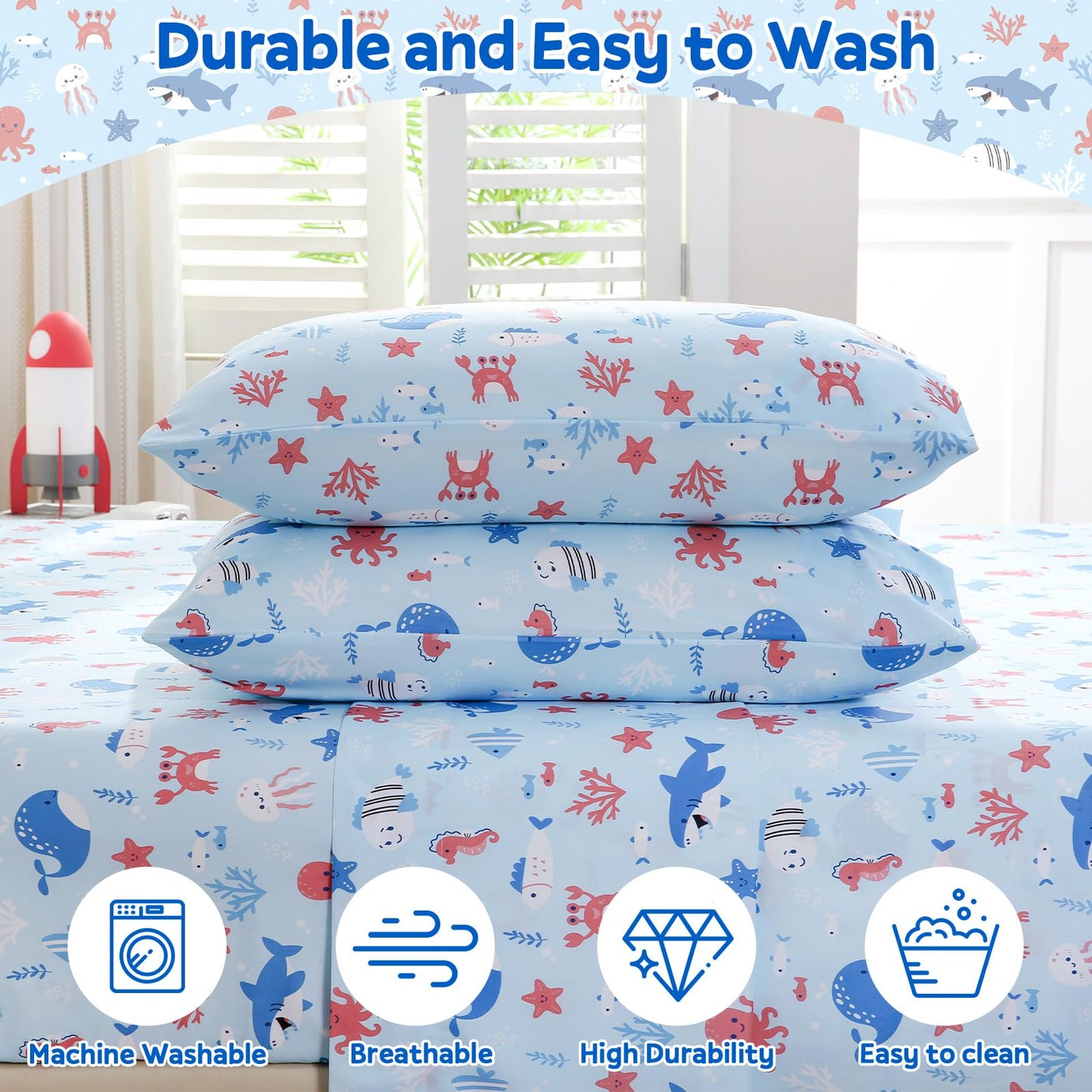 ChicView Queen Sheet Set Kids,4 Pieces Breathable Soft Microfiber Bedsheets for Child Boys Girls, Anti Pilling Deep Pockets Easy Care Bed Sheets, Ocean Animals