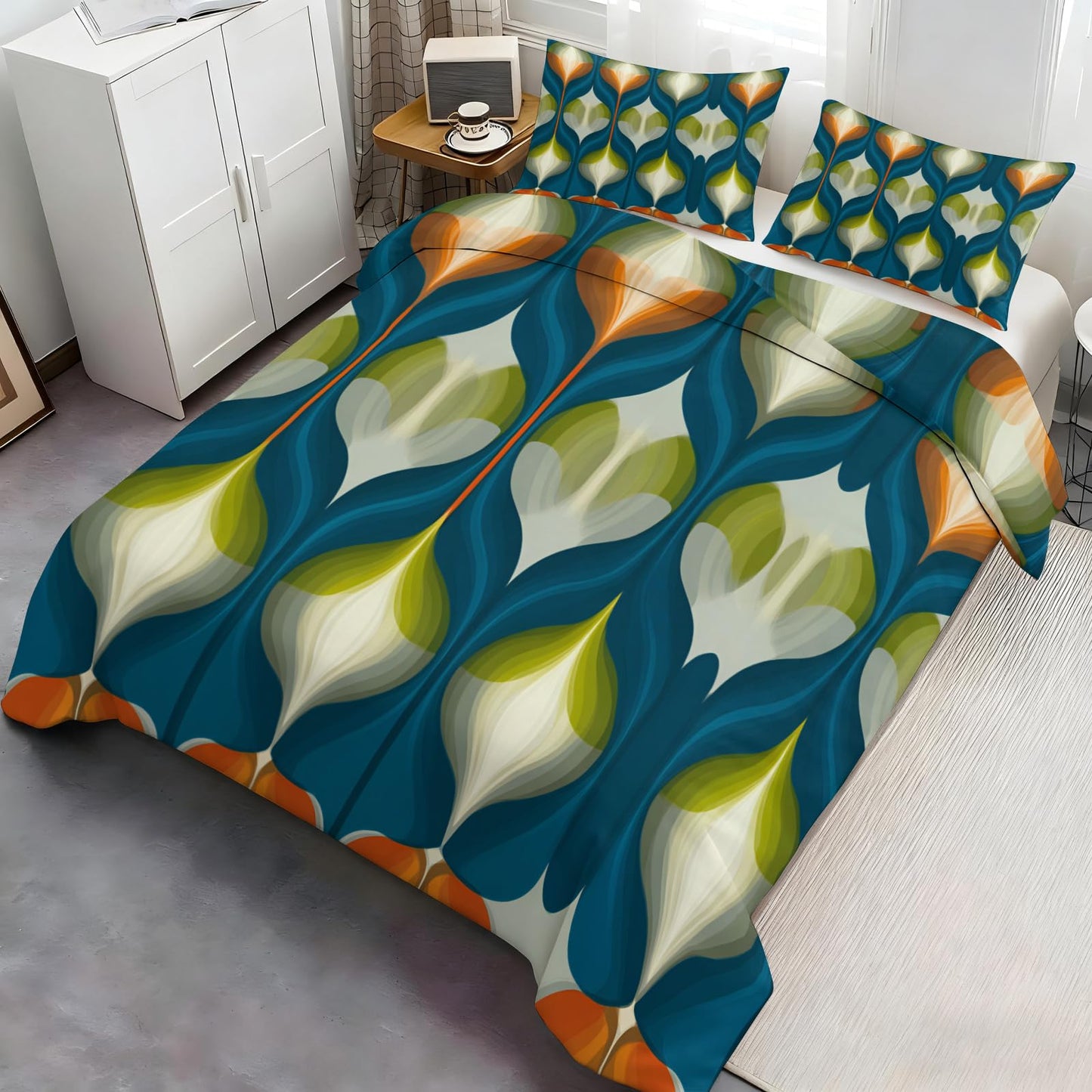 ZAOMIR Mid Century Modern Duvet Cover Queen Size, Groovy Abstract Retro Bedding Set 3 Piece, Blue Green Geometric Patterned Comforter Cover with Zipper Soft Microfiber, 2 Pillowcases