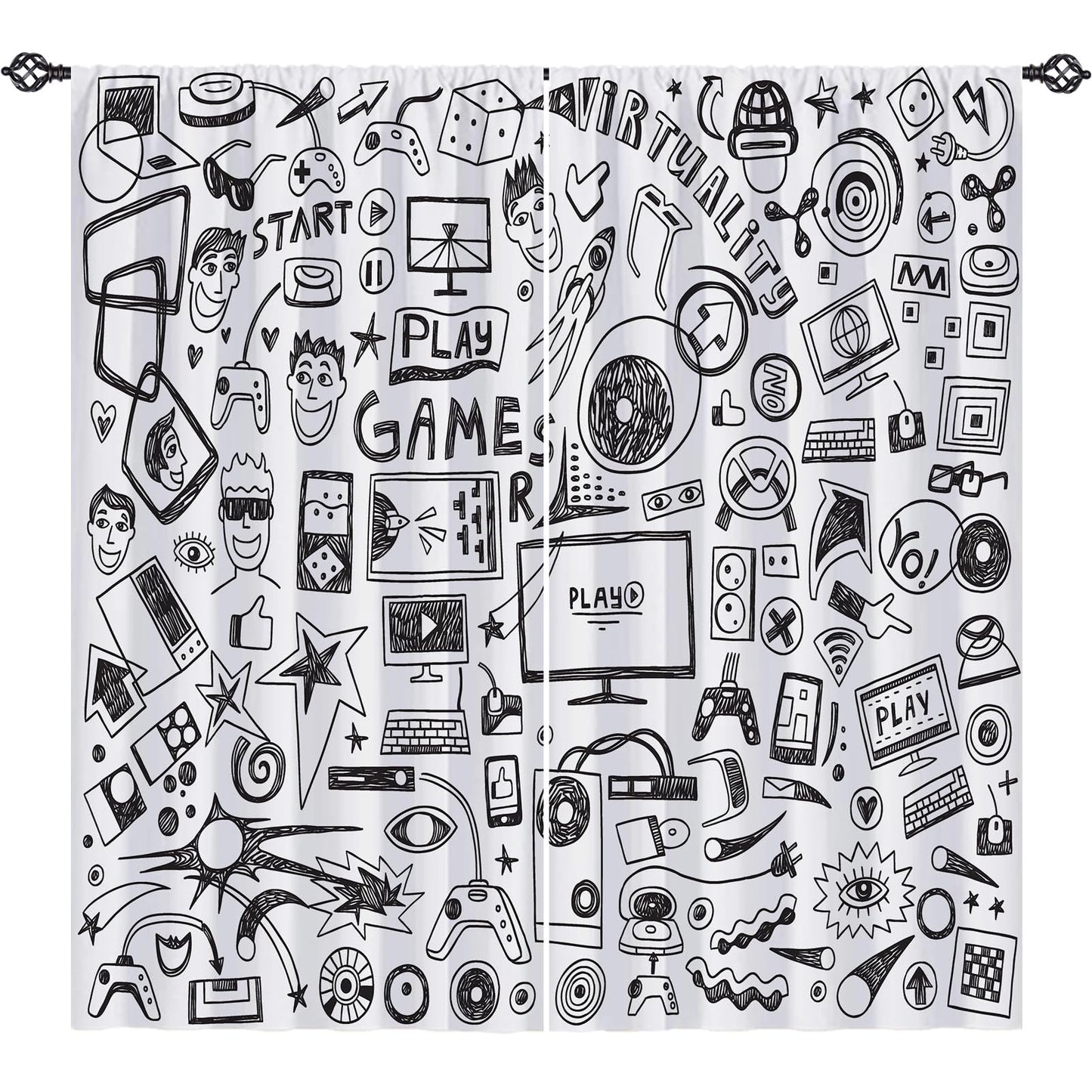 YUANZU Video Game Curtains W42 x L63 Inch Rod Pocket Kids Computer Gamepad Sports Rocket Teen 90's Print Pattern Privacy Fabric Window Drapes for Boys Girls Bedroom Nursery Baby Playroom 2 Panels