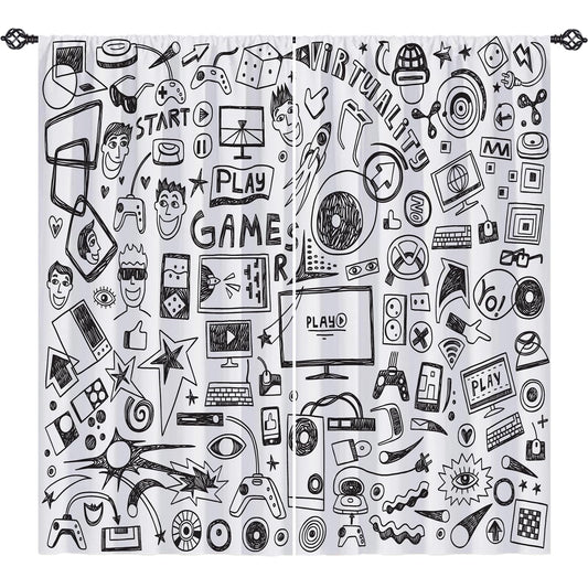 YUANZU Video Game Curtains W42 x L63 Inch Rod Pocket Kids Computer Gamepad Sports Rocket Teen 90's Print Pattern Privacy Fabric Window Drapes for Boys Girls Bedroom Nursery Baby Playroom 2 Panels