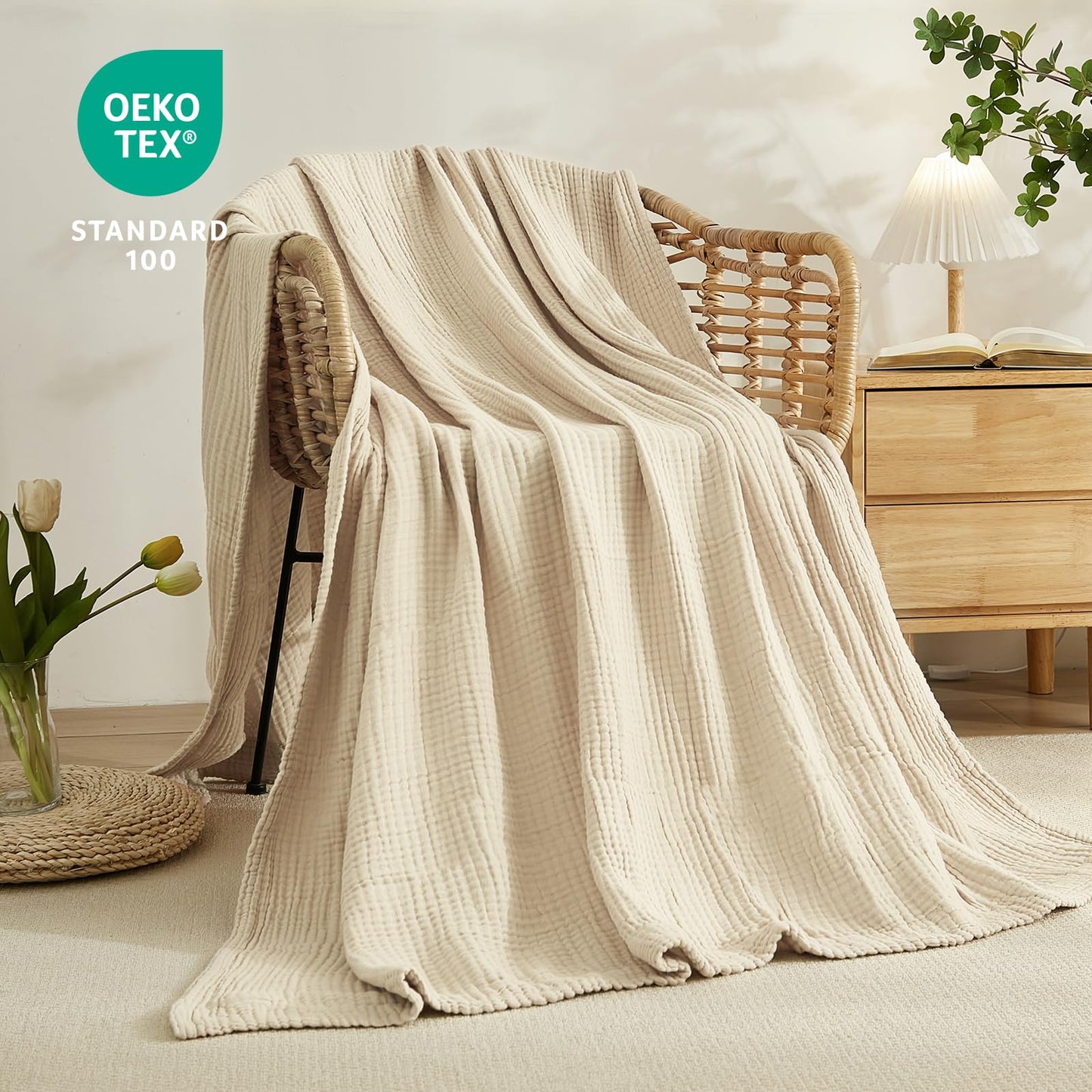 EMME Cotton Blanket King Size for Bed Soft Muslin Blankets 108"x90" Beige Lightweight Breathable Layering Bedspread Coverlet All Season Gauze
