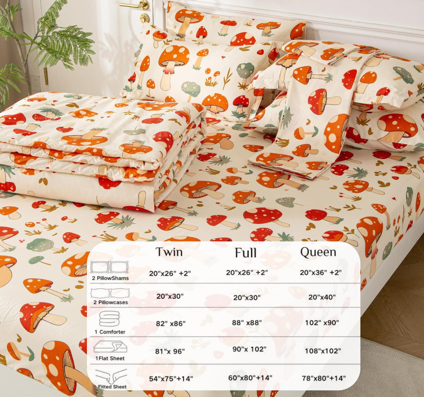 SDY 7PCS Mushroom Bedding Twin，Mushroom Comforter Twin and Bed Sheets for Boys Girls and Kids witj 1Comforter 1Fitted Sheet 1Flat Sheet 2Pillow Cover 2Pillow Sham