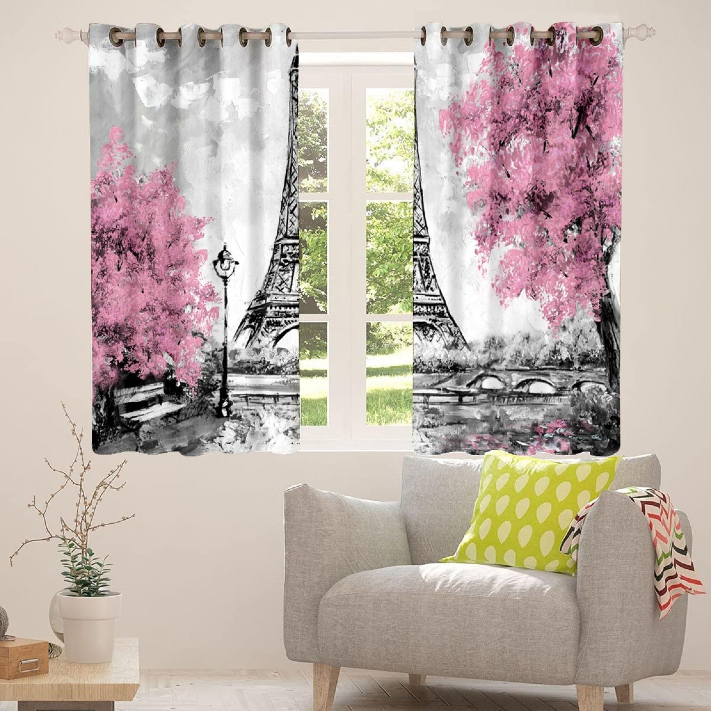 kxry Pink Paris Blackout Curtains for Bedroom Living Room Eiffel Tower Flower French Style Darkening Grommet Curtain 63 Inches Long Window Drapes Treatment Room Decor,2 Panels Set, 42''W x 63''L