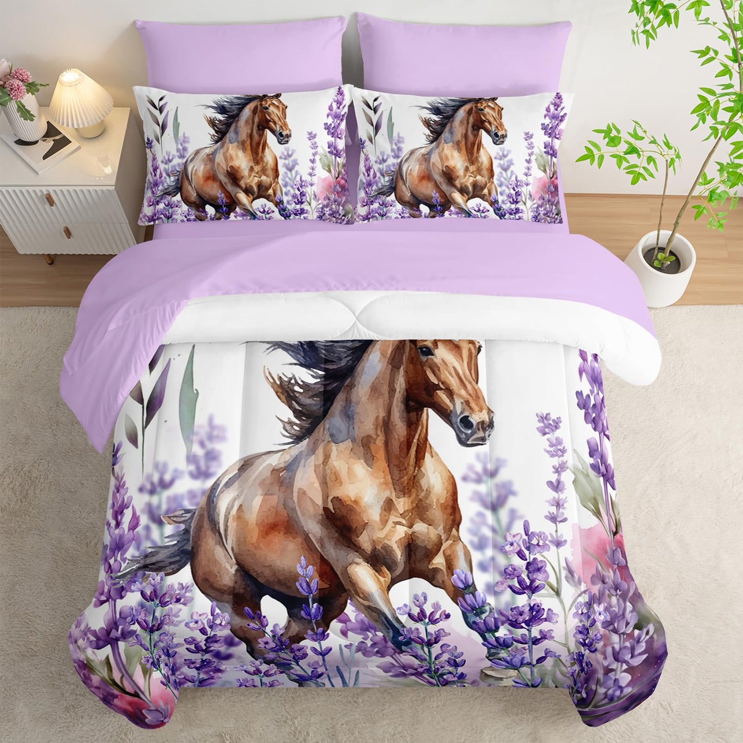 AILONEN Galloping Horse Comforter Set,Lavender Flowers Bedding Set Bed in a Bag Twin Size,Purple Theme Comforter & Fitted Sheet with Flat Sheet,2 Pillowcases,2 Pillow Shams,7-Piece,Soft Microfiber