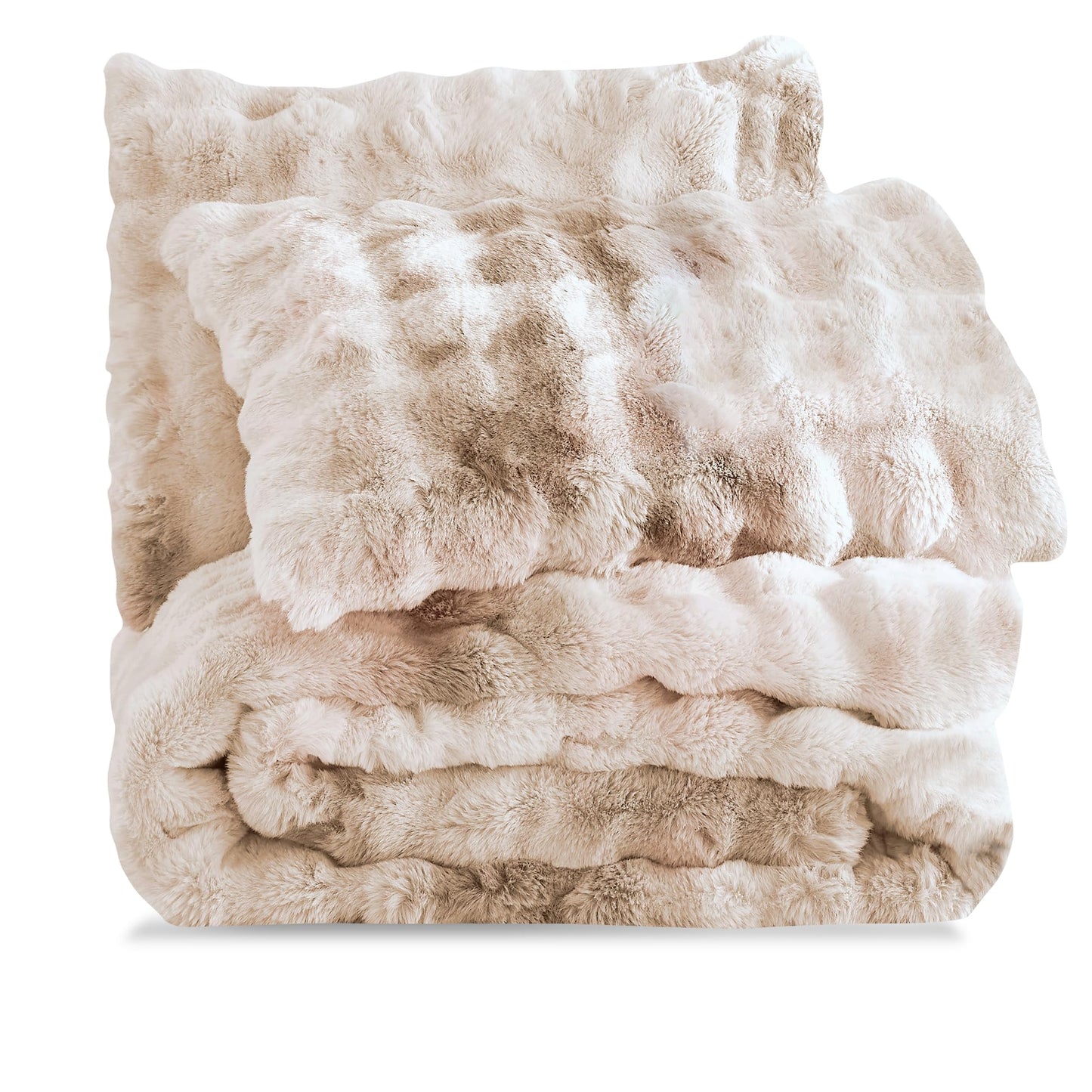 Wonderful 3 Pieces Fluffy Faux Rabbit Fur Bubble Comforter Set King Size, Tie-Dyeing Beige Plush Fuzzy Bedding Set, Warm Soft Bubble Comforter Bedding Set for Winter