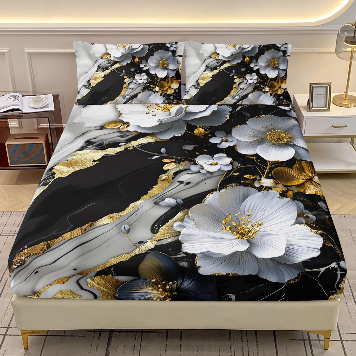 AILONEN Black and White Floral Fitted Sheet Set Queen Size, 3D White Flower Bedding Set for Kids Teends Adults,Marble Style Bed Sheet Set,1 Fitted Sheet and 2 Pillowcases,3Pcs