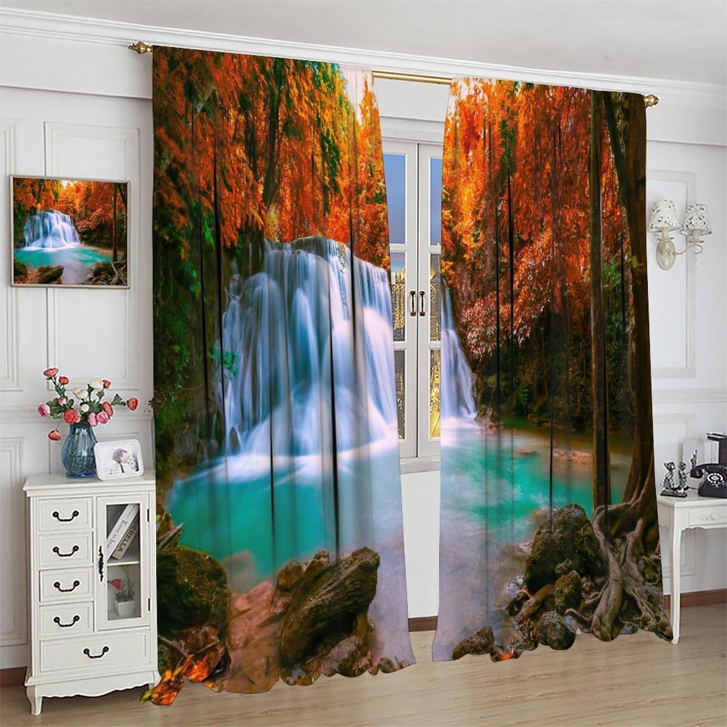 GoDazzling Autumn Forest Waterfall Blackout Curtains, Fall Leaves Trees Jungle Country Nature Landscape Window Drapes, for Bedroom Living Room 42" W X 45" L