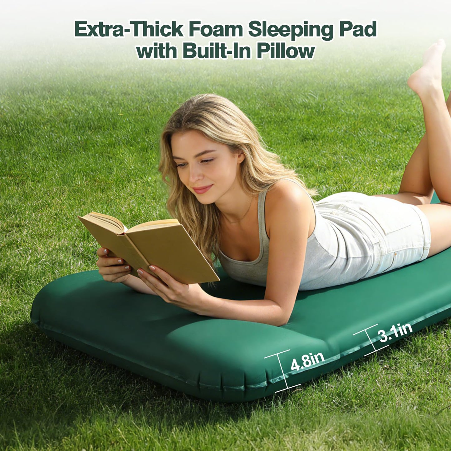 Zzuvjoy Memory Sleeping Pad, 3.1" Ultra-Thick Foam Sleeping Mats for Camping, 9.5 R-Value Insulated Self Inflating Sleeping Pad with Pillow, Camping Mattress Pad for Car Travel Tent