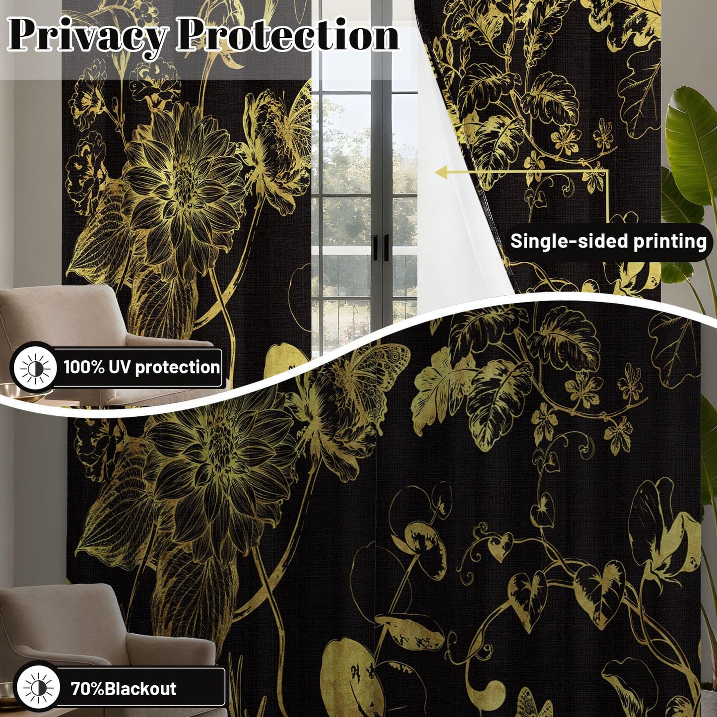 soeeao Black and Gold Vintage Botanical Blackout Curtains Patterned Golden Yellow Floral Window Drapes for Bedroom Living Room, 84 inch Length 2 Panels Set, 52x84 inch