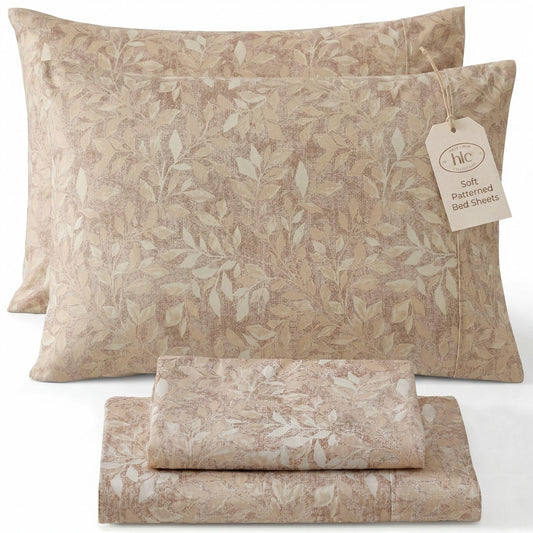 HLC.ME Leaves Printed - Brown Taupe Tan Floral Sheets - Cottage Patterned Bed Sheet Set - Wrinkle Resistant & Ultra Soft - Fits Mattresses up to 15 Inches Deep (Queen Size, Brown Taupe Tan)