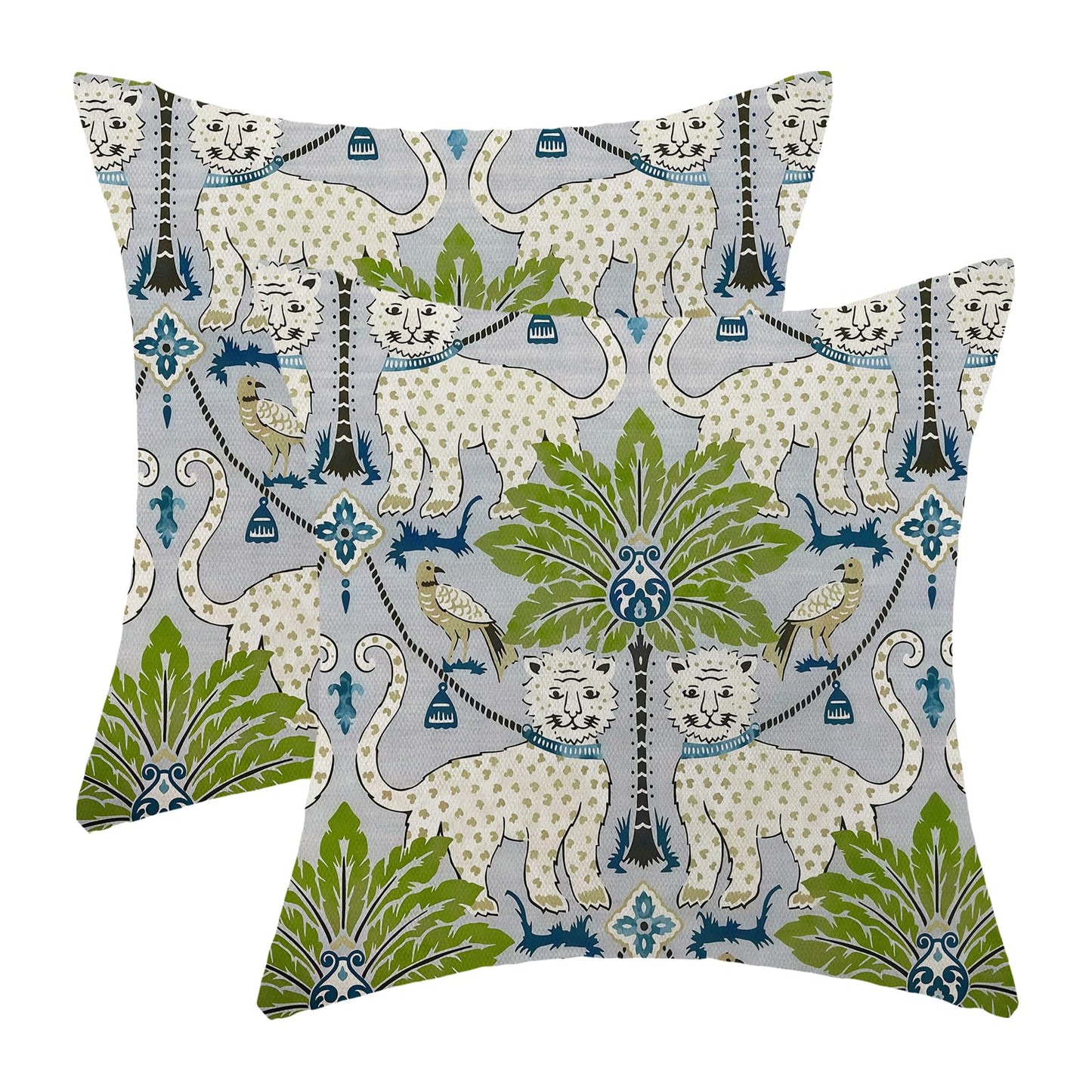 Sorktse Boho Pillow Covers 18x18 Inch Set of 2 Tropical Palm Tree Throw Pillows Blue Green Chinoiserie Asian Bird Animal Print Tiger Pillowcases Outdoor Decor Linen Cushion Covers for Sofa Cushion