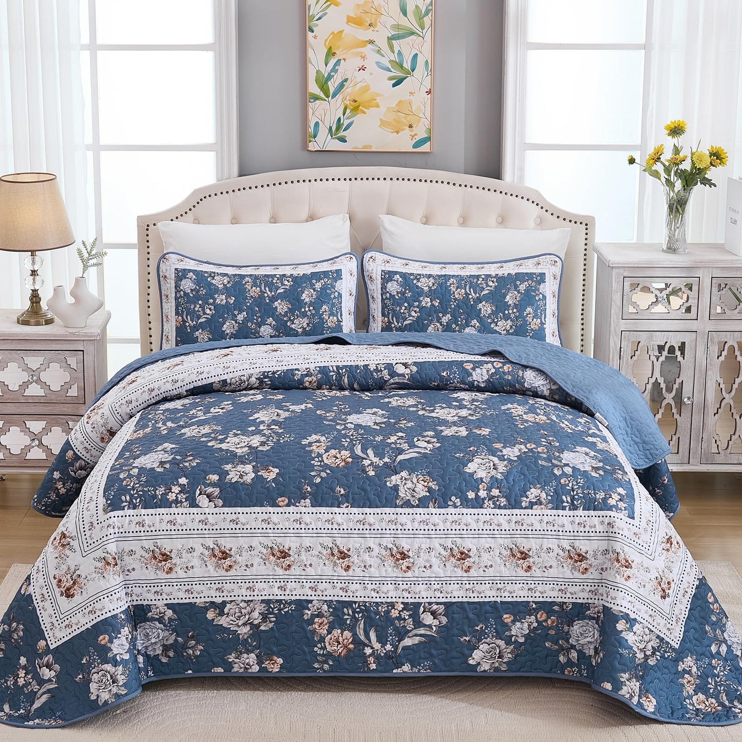 Xruibed Navy Quilt Set Queen Size, 3PCs Antique Rose Navy Quilt Coverlet Set, Lightweight Soft Microfiber Floral Bedspread with 2 Pillowcases for All Season (Queen Size 96"x90")