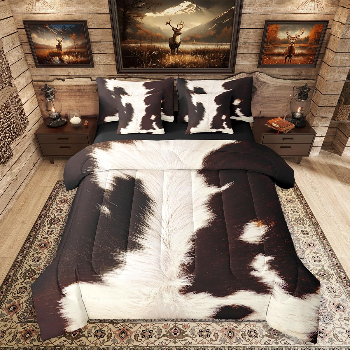 Erosebridal Cow Print Twin Bedding Set 7 Piece for Boys Western Cowhide Bed in A Bag for Kids Teens Youth Adult Animal Skin Comforter Set with Sheetrustic Farmhouse Bed Sets