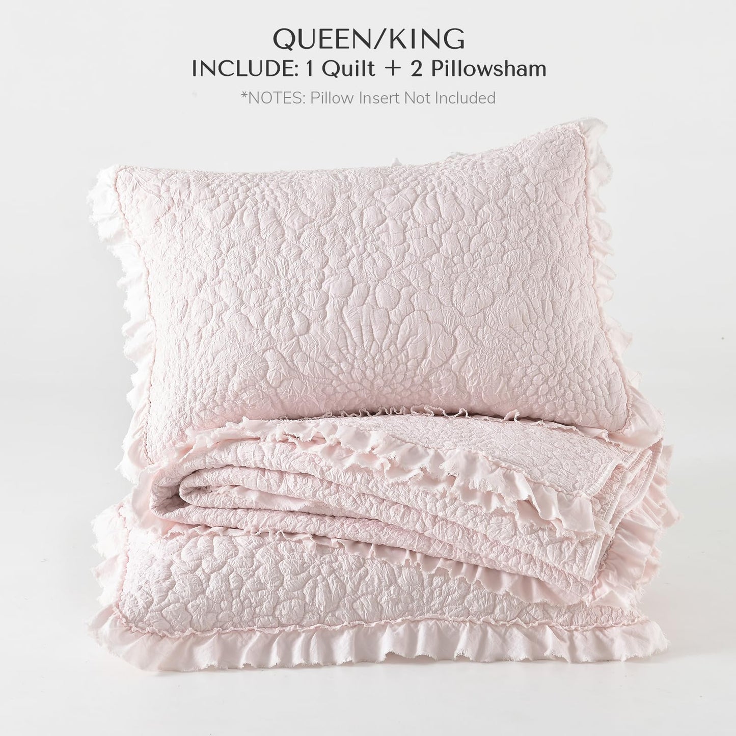HORIMOTE HOME Pink Ruffled Quilt King Size, Stone-Washed Microfiber Lightweight Crinkled Farmhouse Rustic Shabby Chic Bedding Set, 3 Pieces Reversible Bedspread with Pillow Shams for All Season