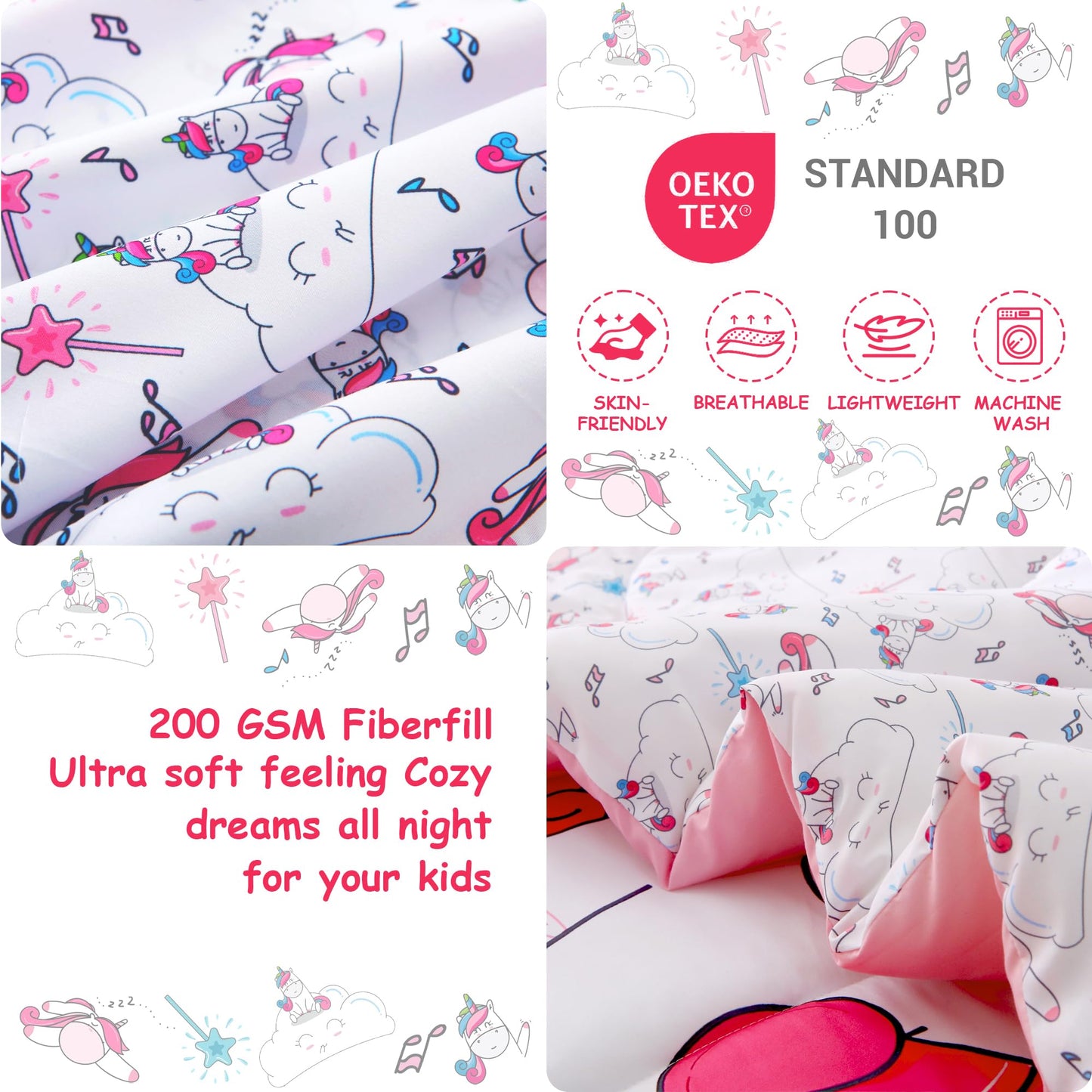 Mooreeke 4 Pieces Toddler Bedding Set - Pink Purple Music Unicorn Toddler Comforter Sets for Girls, Includes Comforter, Flat Sheet, Fitted Sheet and Pillowcase, Bed in A Bag for Baby Bedroom