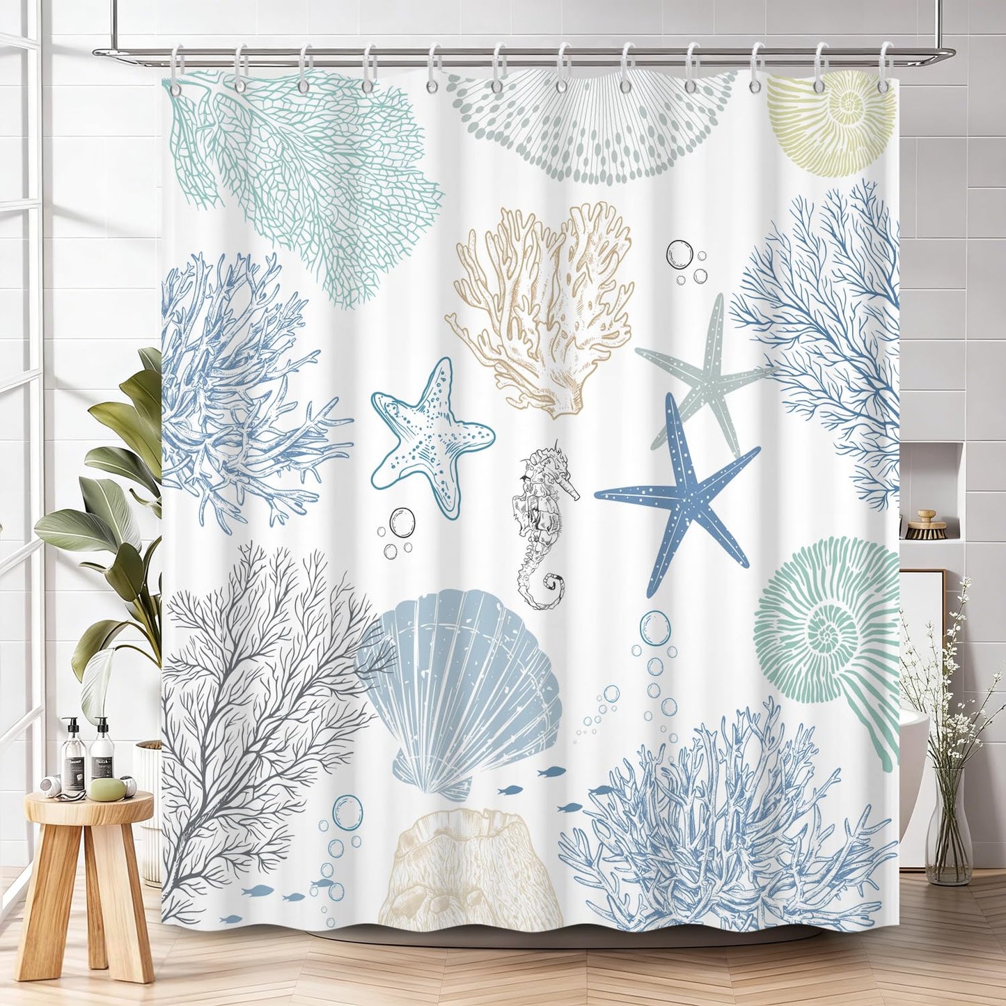 NAEMBCU Coastal Sea Life Shower Curtain with Hooks - 72x72 Inch Waterproof Fabric Ocean Bathroom Curtain with Starfish, Coral & Seashell Print, Bath Curtain for Beach Hotel House Decor