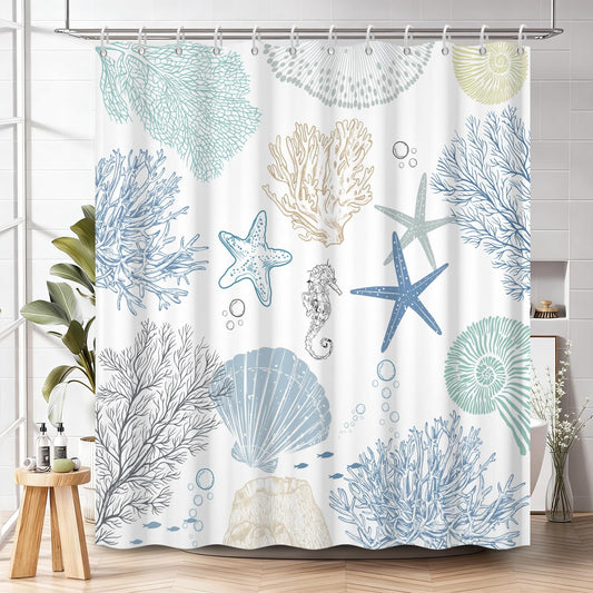 NAEMBCU Coastal Sea Life Shower Curtain with Hooks - 72x72 Inch Waterproof Fabric Ocean Bathroom Curtain with Starfish, Coral & Seashell Print, Bath Curtain for Beach Hotel House Decor