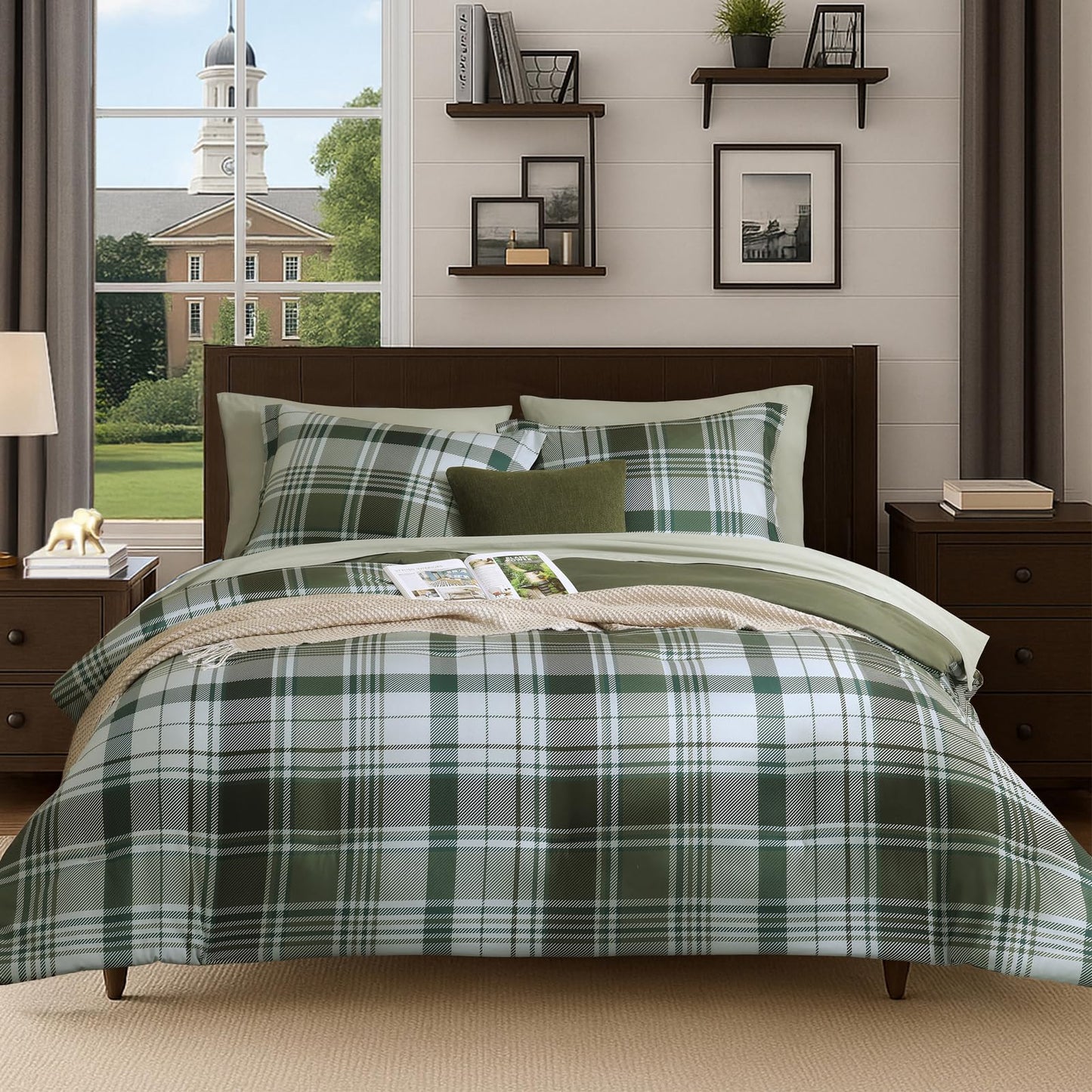 MaiRêve Plaid Queen Comforter Sets Olive Green, Classic Farmhouse Bedding Set Bed in a Bag 7 Pieces, Lightweight All Season Comforter Set with Fitted & Flat Sheet, Pillowcases & Shams