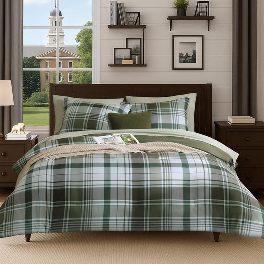 MaiRêve Plaid Queen Comforter Sets Olive Green, Classic Farmhouse Bedding Set Bed in a Bag 7 Pieces, Lightweight All Season Comforter Set with Fitted & Flat Sheet, Pillowcases & Shams