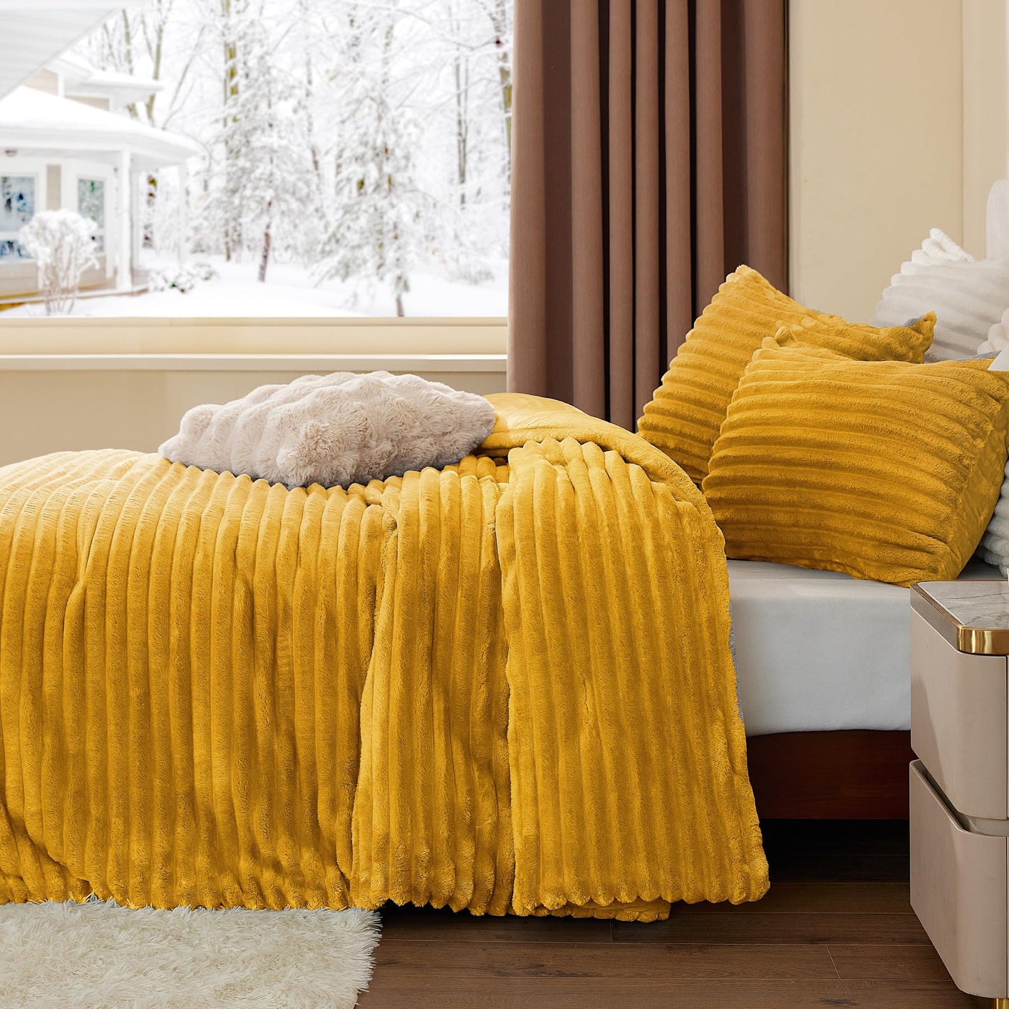 BEDELITE Fleece Queen Comforter Set -Super Soft & Warm Fluffy Mustard Yellow Bedding, Luxury Fuzzy Heavy Bed Set for All Season with 2 Pillow Cases