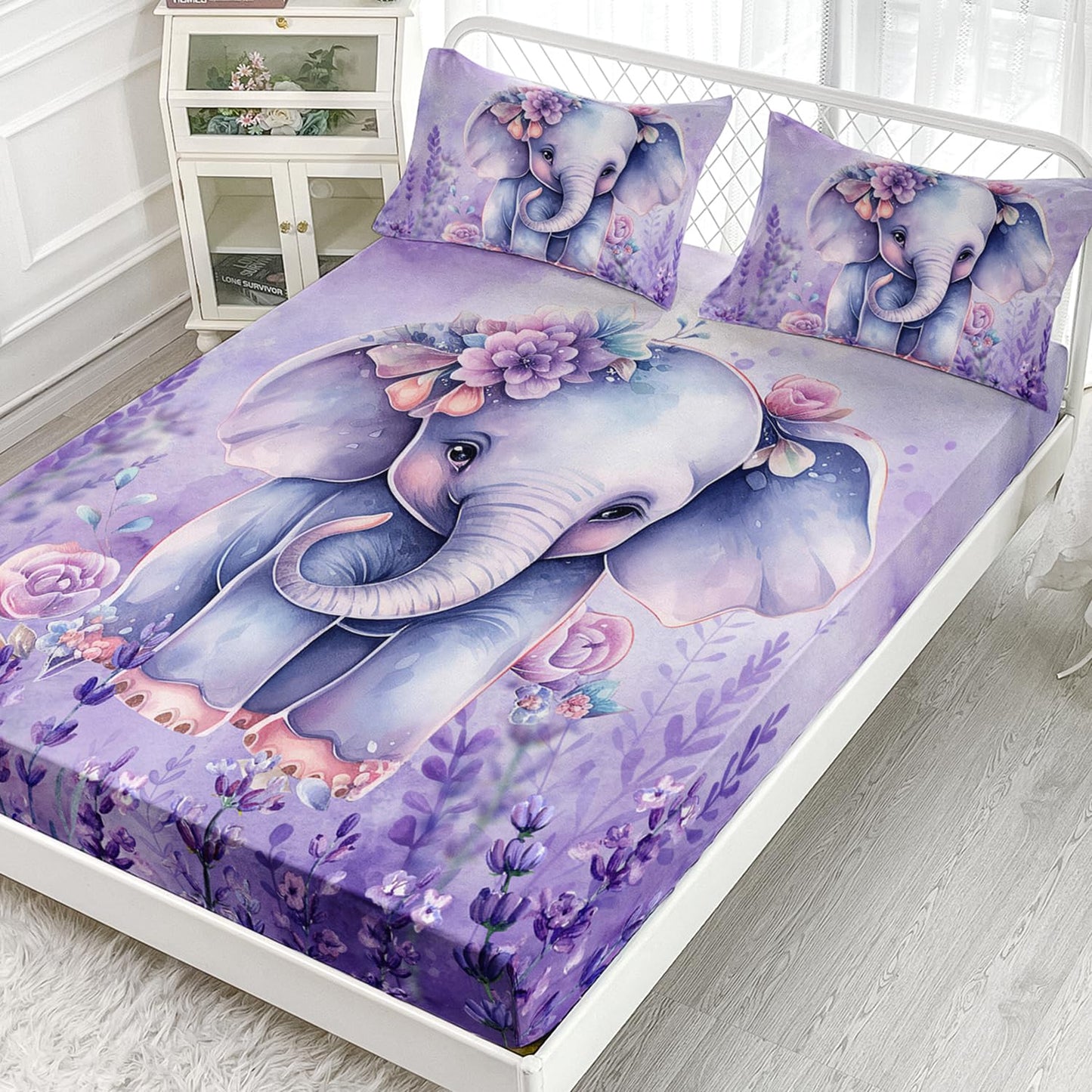 AILONEN Cute Elephant Fitted Sheet Set Twin XL Size for Girls,Lavender Purple Kawaii Kids Bedding Set,Lovely Animal Flower Bed Sheet with 2 Pillowcases,3 Pieces