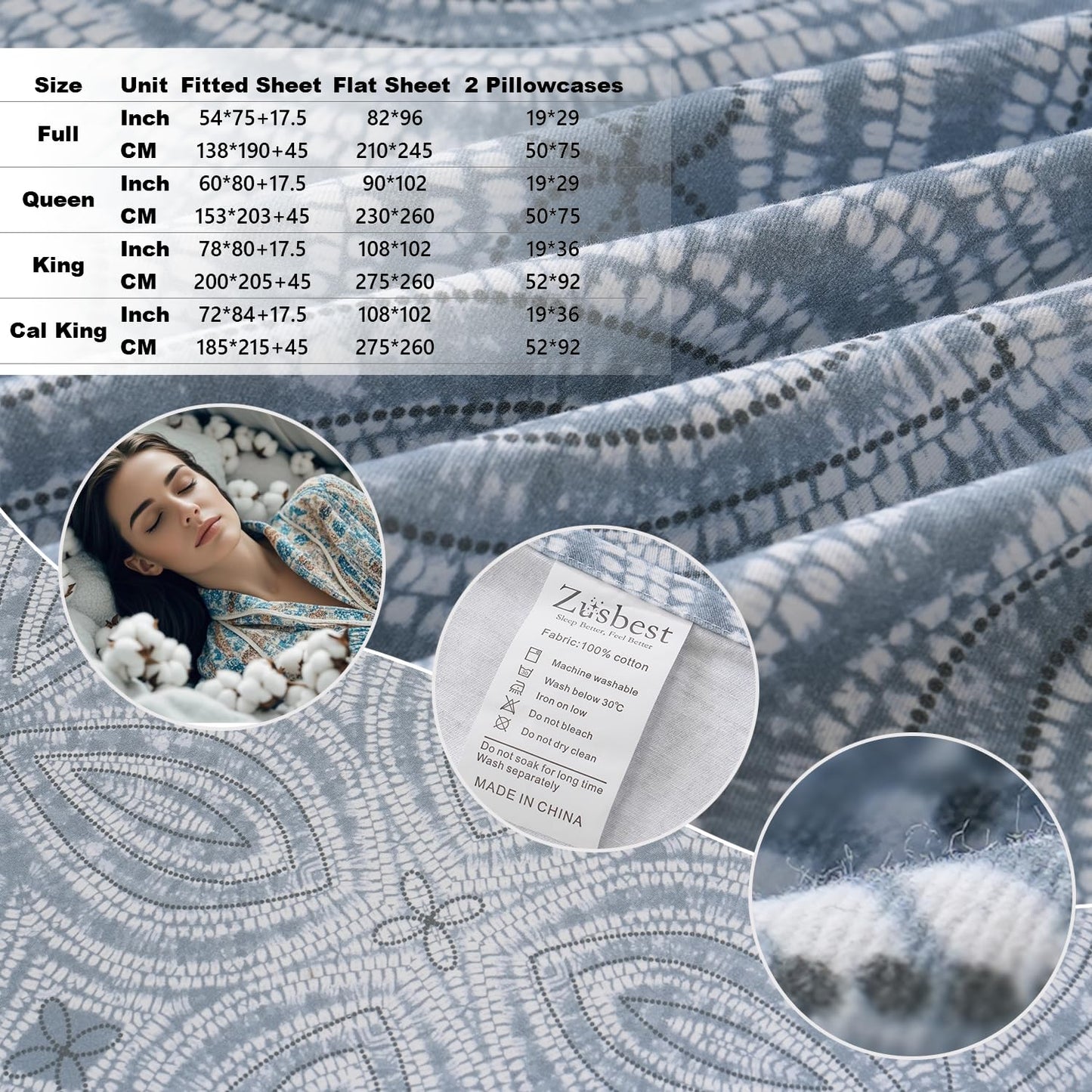 Zusbest Queen Sheet Set 100% Percale Cotton Grey Printed Bed Sheet Set, Brushed for Extra Softness, Luxury Flannel Like Sheets Modern Classic Navy Printed Deep Pocket Sheets 17.5'' 4 Pcs