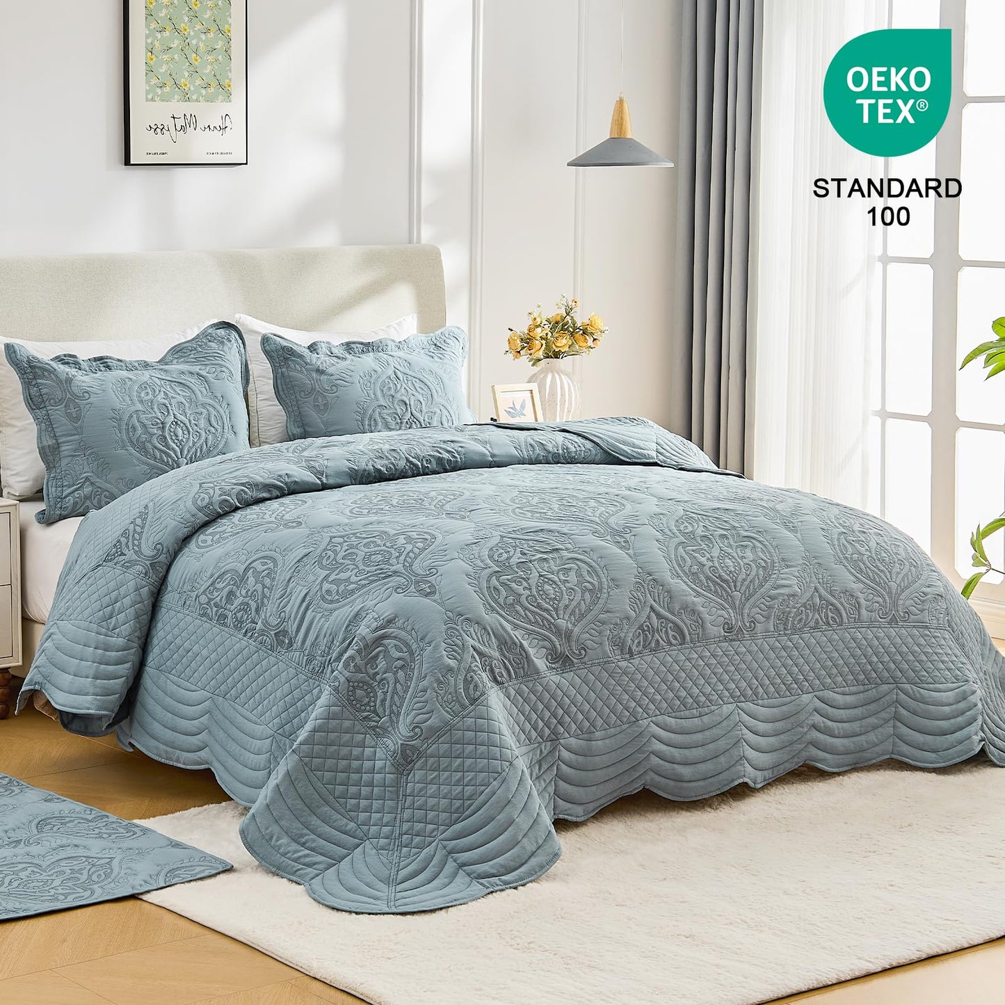 DaisyHuang Oversized Bedspread Coverlet Set King Size - Lightweight Bedding Cover - Beautiful Stitching -Luxury Damask Paisley Pattern Quilt Set, Reversible, 4 Piece with Floor Mat, Dusty Blue