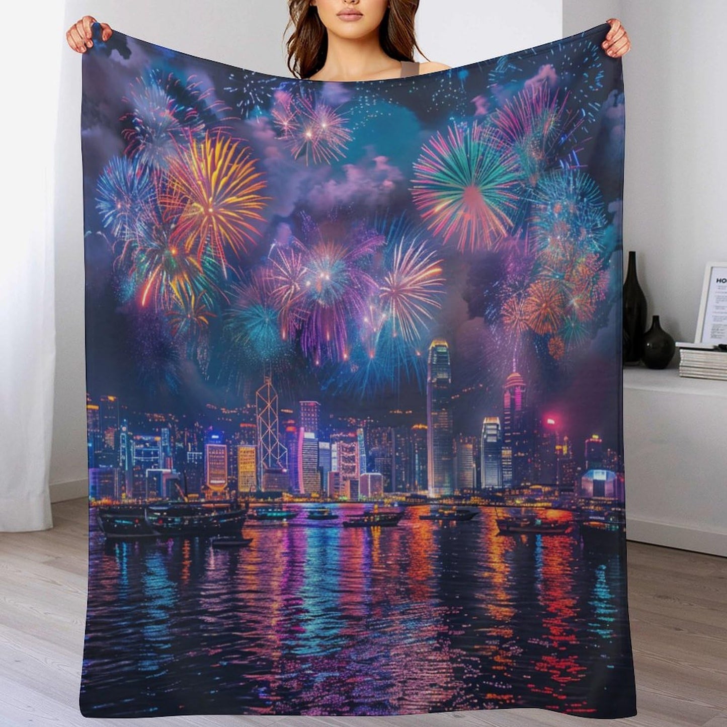 TOWINSFB Modern Cityscape Firework Throw Blanket, Soft Cozy Warm Flannel Colorful Building Night Scenery Blanket for Couch Sofa Bed, 30"x40"