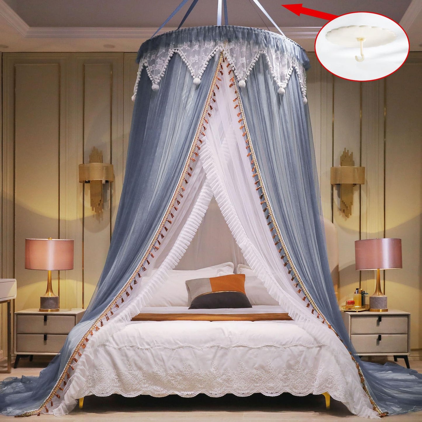 AIKASY Girls and Adults Canopy Bed, Elegant Double-Layer Bed Curtain, Children's Dream Round Lace Mosquito Net, Princess Canopy Net - Fits Twin, Full, Queen, and King Beds (White/Blue)