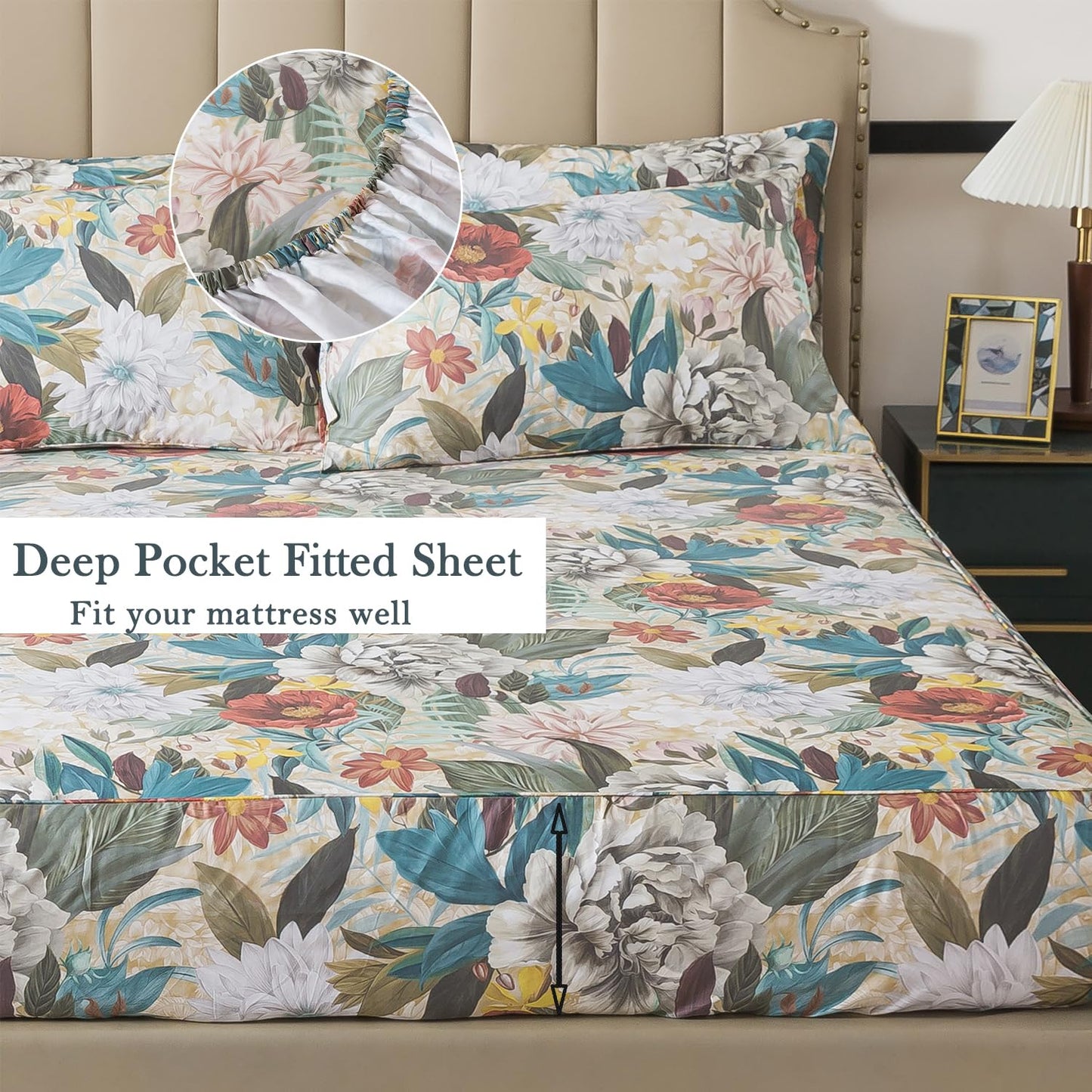 FADFAY Queen Sheet Set, 100% Cotton Sateen Soft Breathable, Luxury Vintage Floral Bed Sheets, Elegant Large Peony & Botanical Print, Classic Garden Style Bedding, Deep Pocket Fitted Sheet, 4 Pieces