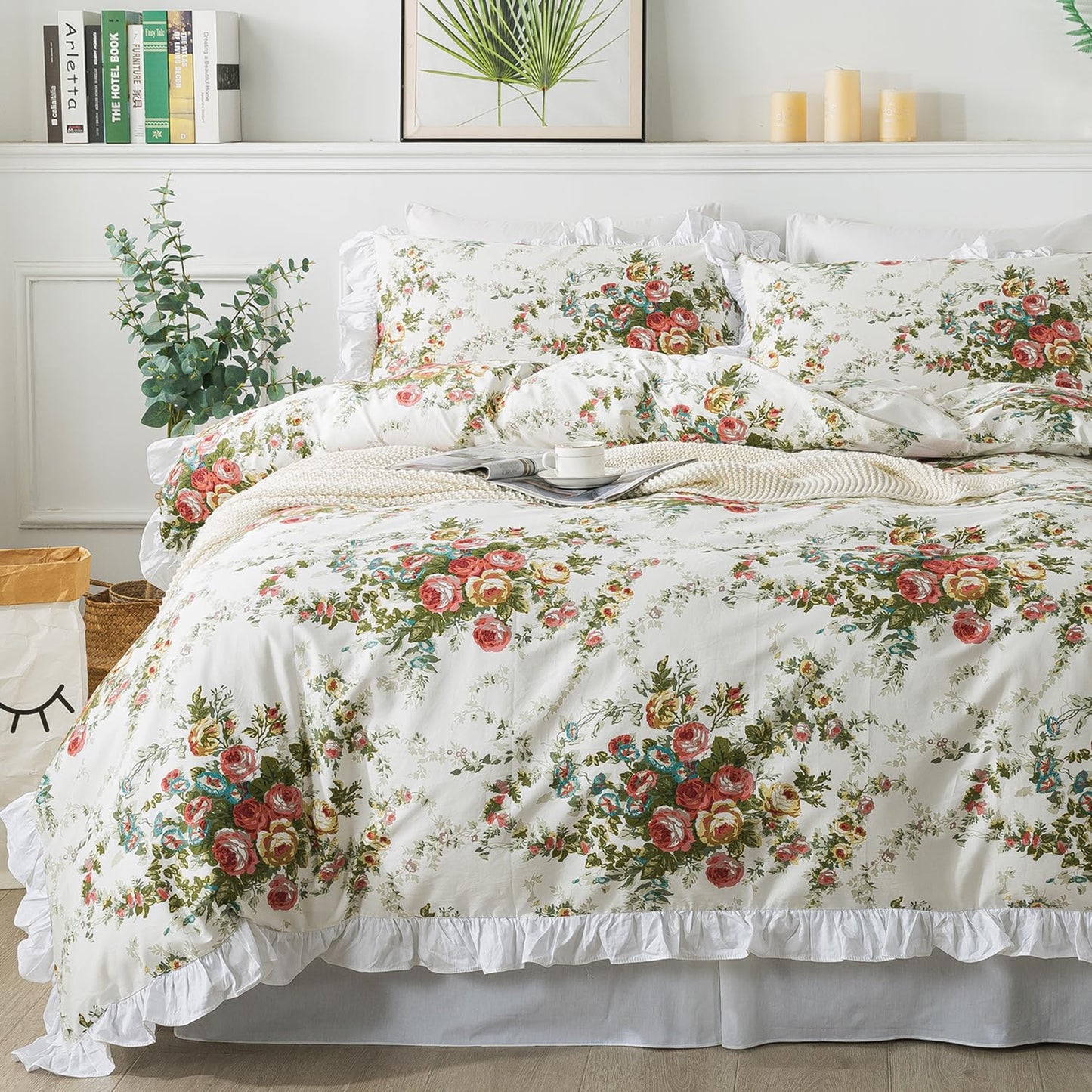 FADFAY Floral Duvet Cover Set King/Cal King（102×96 inches） 100% Cotton Ruffle Vintage Rose Comforter Cover Set, Red Teal Flower Printed Off White Girls Shabby Bed Covers,Soft and Breathable, 3Pcs