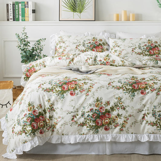 FADFAY Floral Duvet Cover Set King/Cal King（102×96 inches） 100% Cotton Ruffle Vintage Rose Comforter Cover Set, Red Teal Flower Printed Off White Girls Shabby Bed Covers,Soft and Breathable, 3Pcs
